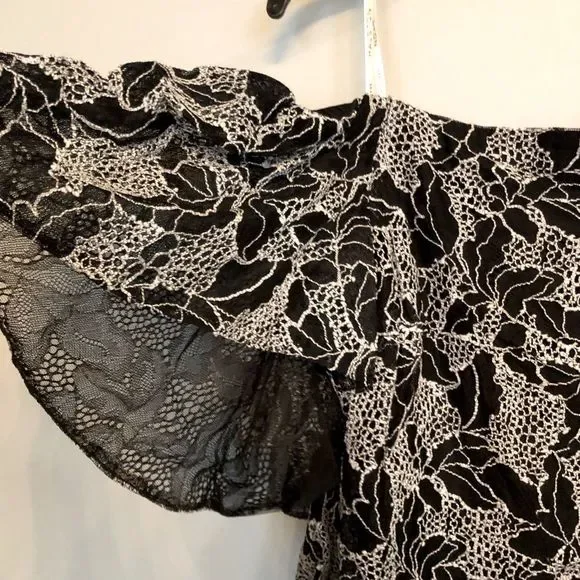 Halston Heritage Off the Shoulder Flounce Mesh Lace Embroidered Top 12 14 - Picture 3 of 8